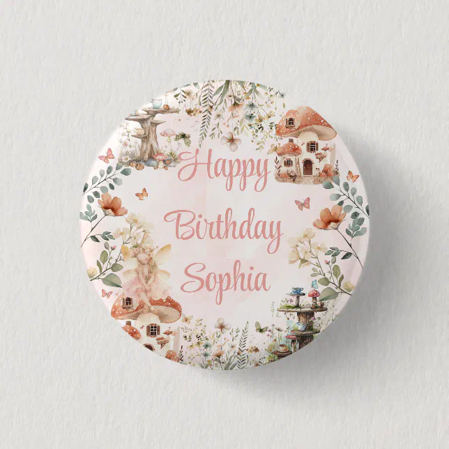 Enchanted Forest Mushroom Girl's 1st Birthday Button