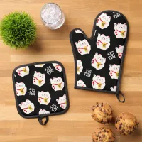 Maneki Neko Cute Lucky Cat Oven Mitt & Pot Holder Set