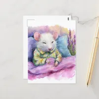 Adorable Sleeping White Mouse in PJs Watercolor Postcard