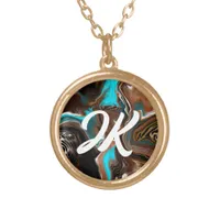 Monogrammed Blue, Brown and Black Abstract Art   Gold Plated Necklace