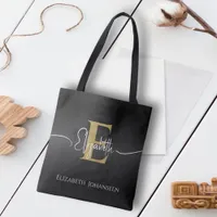 Modern Elegant Black Gold Monogrammed Script Name Tote Bag