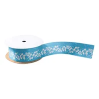 Hawaiian Beach Wedding Blue Hibiscus Patterned Satin Ribbon