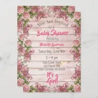 Rustic Wood Pink Roses Baby Shower Invitation