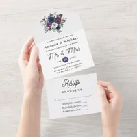 Plum and Navy Floral Wedding All In One Invitation