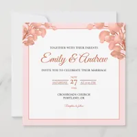 Peach Leaf Watercolor Floral Square Wedding Invitation