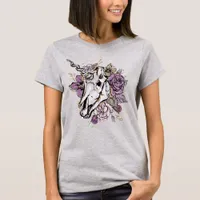 Gothic Floral Unicorn Skull T-Shirt