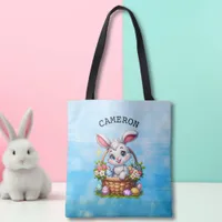 Cute Cartoon Easter Bunny in a Basket Personalized Tote Bag