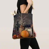 Autumn Decorations on Table, Pumpkin, Fruit, Drink Tote Bag