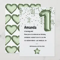 Sage Green Balloon 1st Birthday Invitation