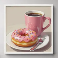 Pink Frosted Donut and Coffee  Peel And Stick Photo Tile