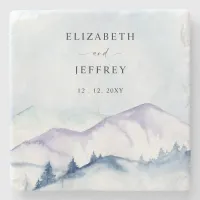 Rustic Watercolor Mountains Outdoor Pine Wedding   Stone Coaster