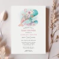 Floral Watercolor Whales Girl Baby Shower Invitation
