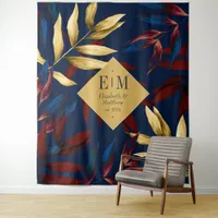 Tropical Burgundy, Navy and Gold Wedding Welcome Tapestry