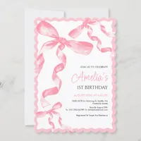 Pink Bow First Birthday Invitation, One Birthday  Invitation