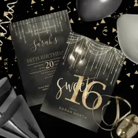 String Lights & Balloons Sweet 16 Black/Gold ID473 Invitation