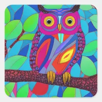 Colorful Mosaic Whimsical Owl Art Square Sticker