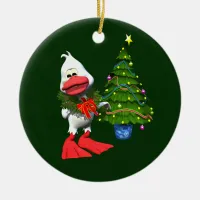 Cute White Christmas Duck Wearing a Wreath Ceramic Ornament