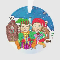 Boy and Girl Elves Couple Romantic Christmas Ornament