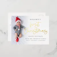 Baby First Christmas Photo Overlay Real Foil Holiday Postcard
