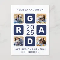 Unique Grad Navy Blue White 4 Photo Graduation Invitation Postcard