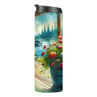 Pretty Lakehouse View Deck and Flowers Thermal Tumbler