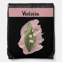 Lily of the Valley Happiness Personalized Black Drawstring Bag