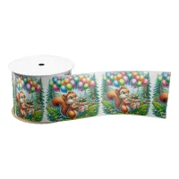 Cute Watercolor Cartoon Squirrel Birthday Satin Ribbon