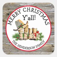 Merry Christmas Y'all Country and Western Rustic   Square Sticker