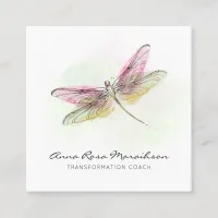 *~* Pastel Watercolor Mint Pink Dragonfly  Square Business Card