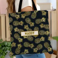 Navy Blue Gold Pineapple Pattern Monogram Tote Bag