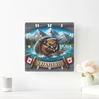 Canadian Beaver Swimming in Mountain Lake Square Wall Clock