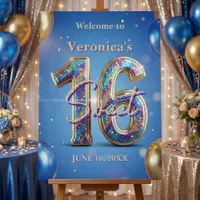 Blue Gold Glitter Balloons Sweet 16 Birthday Party Foam Board