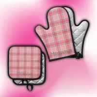 Pink and White Plaid Name Monogram | Oven Mitt & Pot Holder Set