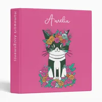 Monogram Name Black White Cat Pink 3 Ring Binder