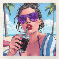 Purple Bikini, Sunglasses and Bandana Woman  Glass Coaster