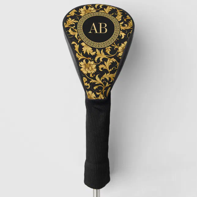 Monogram Black Gold Classy Elegant Pattern Golf Head Cover