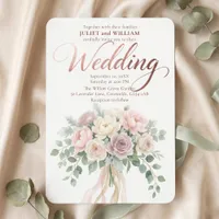 Rose Gold Pink Watercolor Floral Bouquet Wedding Invitation