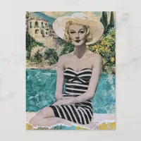 Woman in Black and White Bathing Suit Poolside Postcard