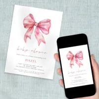 Modern Script Pink Bow Baby Shower Invitation