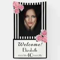 Photo 40th birthday black white stripes florals banner