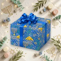 Festive Blue Gold Floral Menorah Wrapping Paper