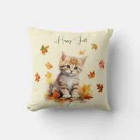 Cute Orange Tabby Kitten in Fall Leaves Throw Pillow