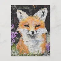 Cute Red Fox Purple Flowers Mixed Media Postcard