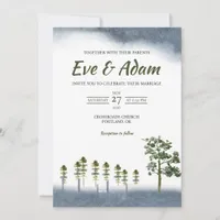 Rustic Pine Meadow Fence Watercolor Winter Wedding Invitation