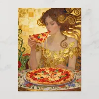 Woman Eating Pizza Faux Klimt Art Postcard