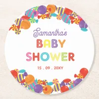 Colorful Sweet Fun Candy Baby Shower Round Paper Coaster