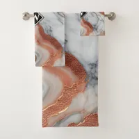 Elegant Rose Gold Black Marble Monogram Bath Towel Set