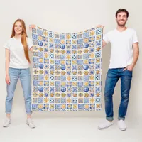 Blue White Yellow Tiles Pattern Summer Aesthetic  Fleece Blanket