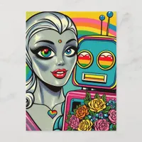 Silver Alien Woman and Rainbow Robot in Love Postcard