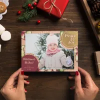 Peace & Joy, Pink, Burgundy, Gold Poinsettia Photo Holiday Card